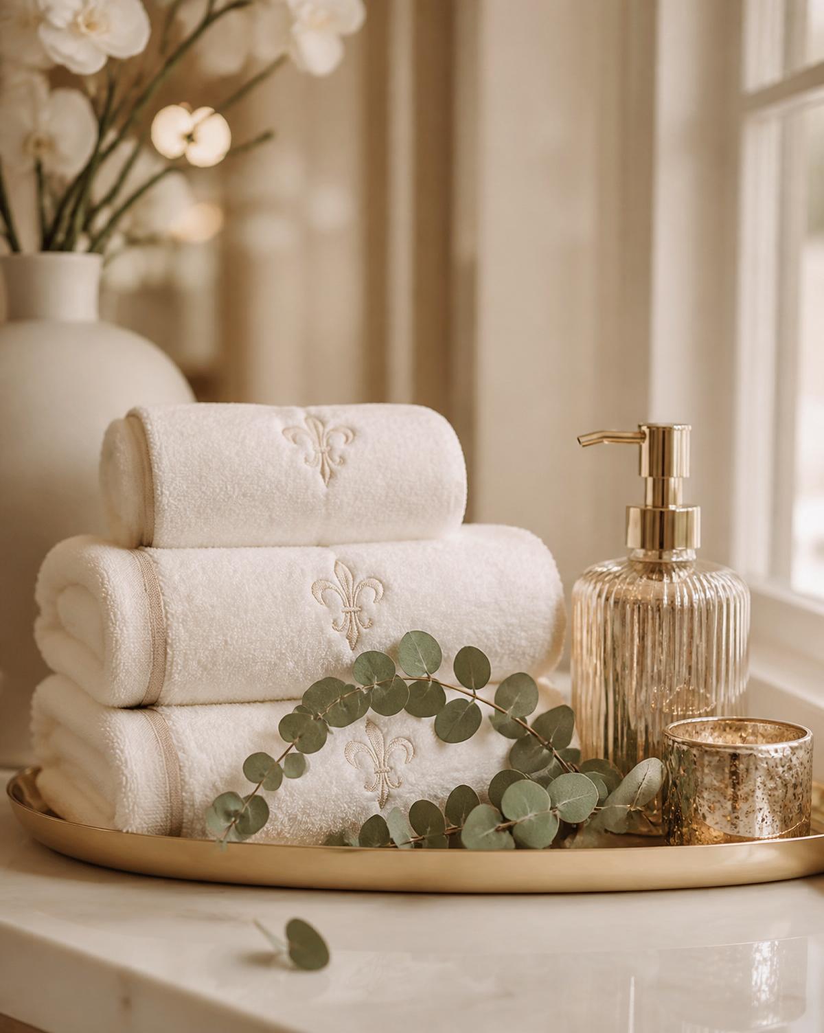 Folded ivory spa towels on a champagne gold tray with eucalyptus