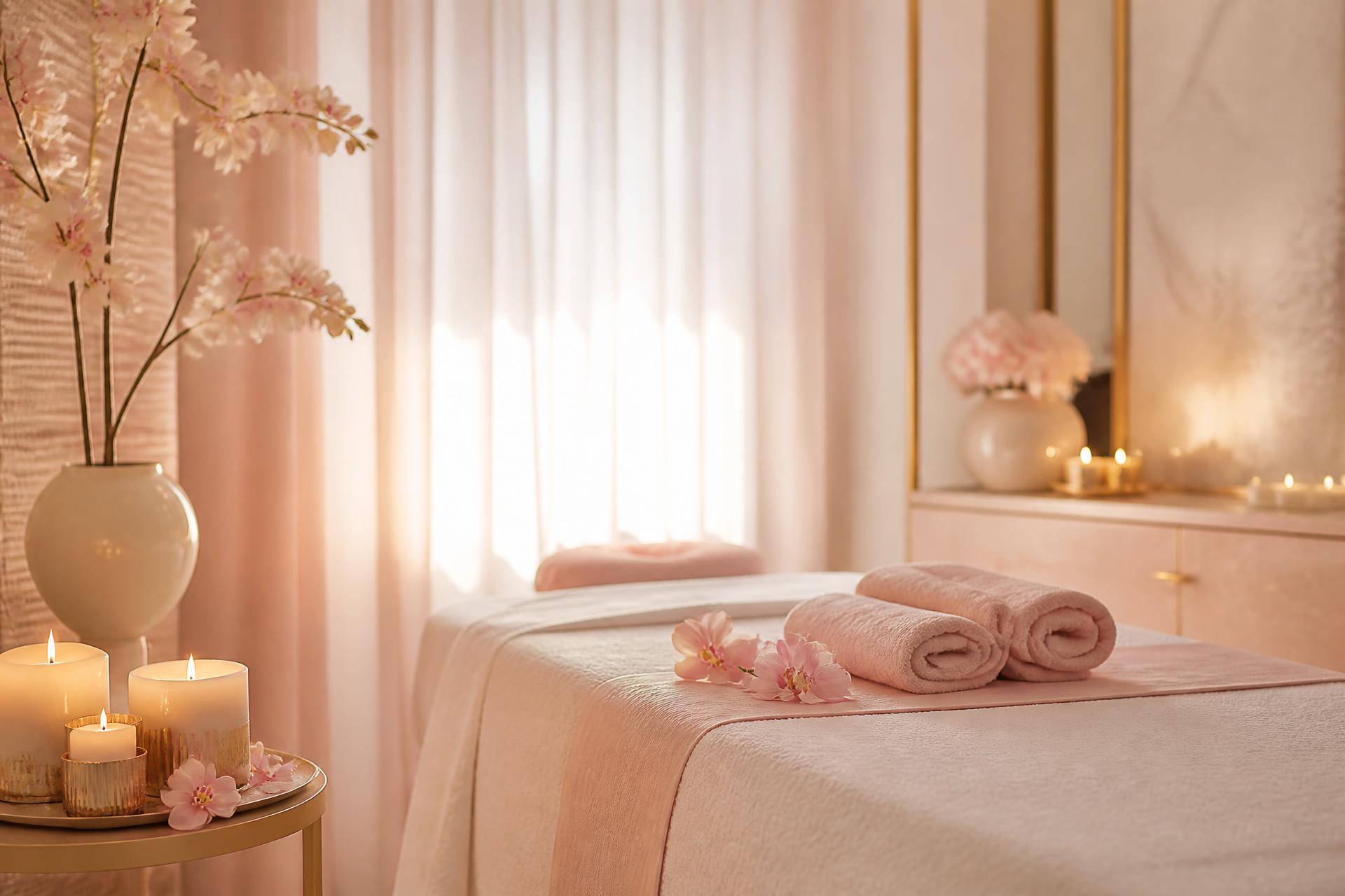 Candlelit Mae Luxe Spa treatment room with blush linens and champagne gold accents